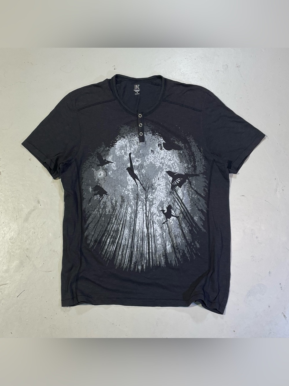 INC International Concepts Black Short-Sleeve Henley with Gray Bird Graphic